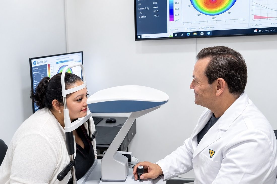 El especialista comentando un mapa corneal frente a la pantalla del equipo