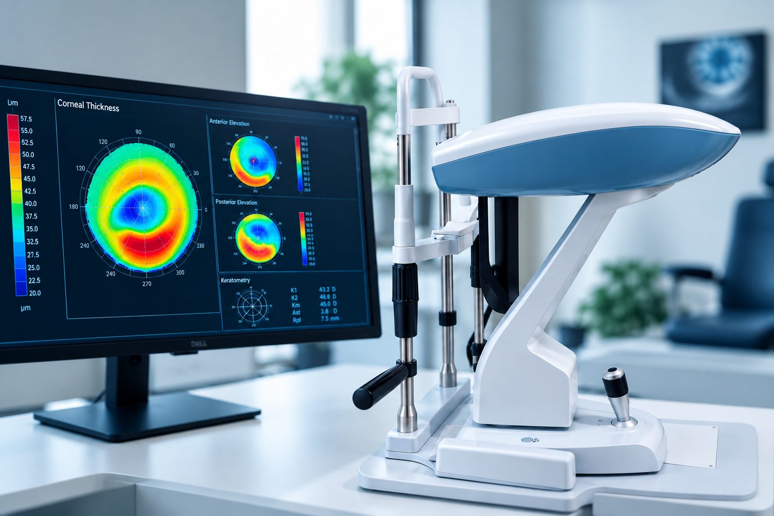 Ilustración: mapa de topografía corneal en pantalla junto a un equipo de medición